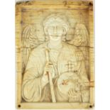 AN 18TH/19TH CENTURY CARVED BONE PLAQUE, ARCH ANGEL MICHEAL. (6cm x 8.5cm)