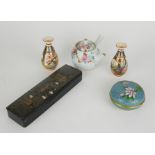 A COLLECTION OF EARLY 20TH CENTURY ORIENTAL ITEMS Comprising a black lacquer pen box, a pair of