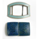 AN EARLY 20TH CENTURY GERMAN SILVER AND GUILLOCHÉ ENAMEL BUCKLE With pale blue and white enamel,