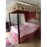 A 19TH CENTURY DESIGN MAHOGANY FOUR POSTER BED With acanthus leaf and barley twist columns, floral