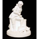 A 19TH CENTURY CONTINENTAL BISCUIT PORCELAIN FIGURAL GROUP, A COULPE COUNTING MONEY WITH SUNDIAL
