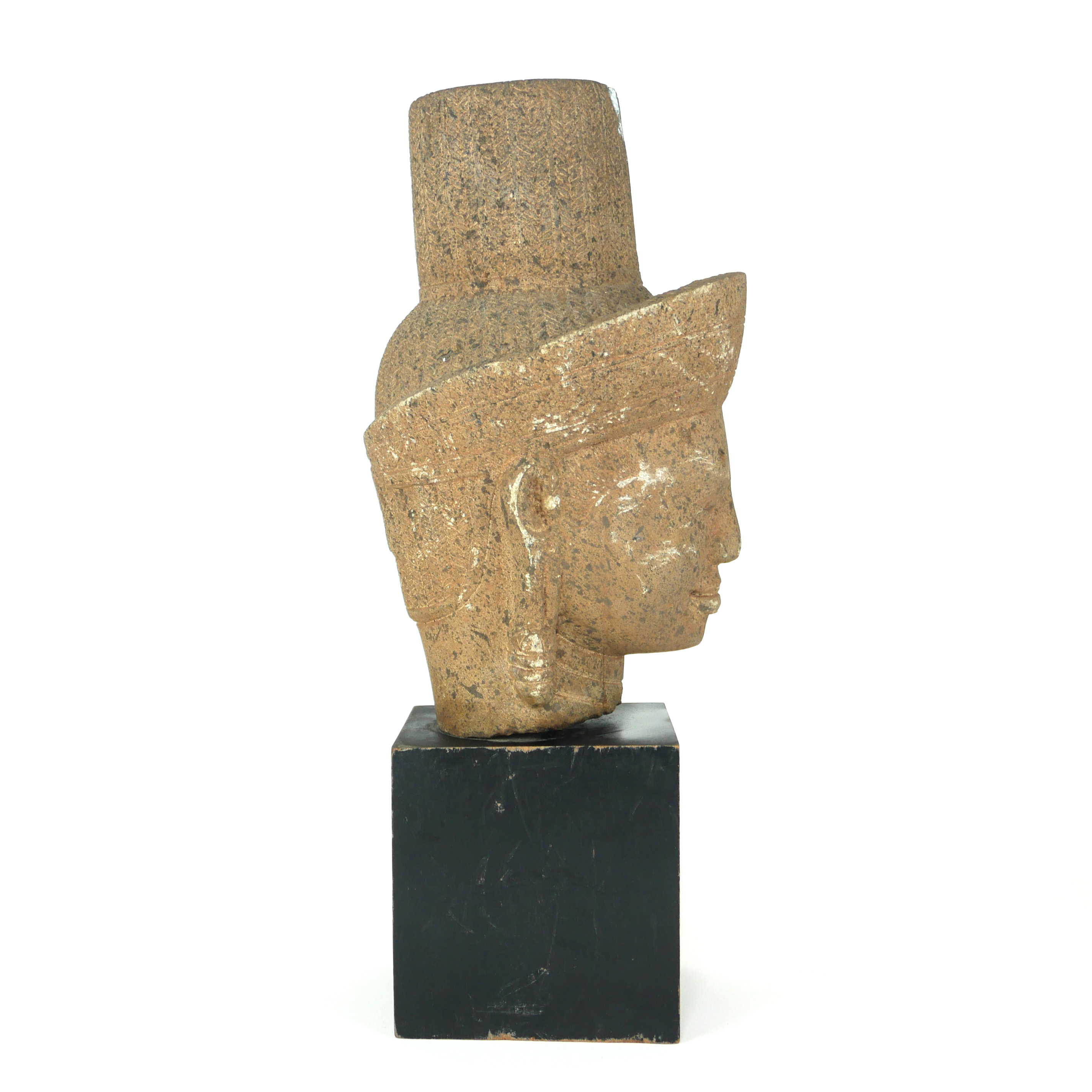 A HAND CARVED STONE HEAD OF A BUDDHA On exhibition stand. (39cm) - Image 5 of 7