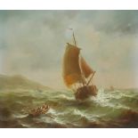 JEAN THOMAS, OIL ON BOARD Landscape, sailing ship with rowing boat in rough sea, signed lower right,