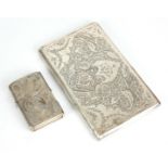 A VINTAGE CONTINENTAL SILVER RECTANGULAR CIGARETTE CASE AND PETROL LIGHTER With hoho birds in an