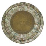 AN ANTIQUE BRASS AND MOTHER OF PEARL INDO PORTUGUESE CIRCULAR CHARGER Centrally decorated with