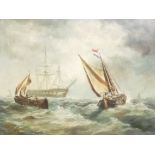 MATT THOMAS, AMERICAN, OIL ON BOARD Seascape, tall ship with sailing boats on a rough sea, in a