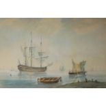FOLLOWER OF NICHOLAS POCOCK, 1741 - 1821, WATERCOLOUR Ships offshore with figures, mounted, framed