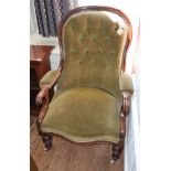 AN EARLY VICTORIAN MAHOGANY FRAMED SPOONBACK OPEN ARMCHAIR In green velvet bottom back upholstery,