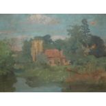 ALLAN GWYNNE JONES, 1892 -1982, OIL ON BOARD Landscape, titled 'From The Banks of Fairfax Hall by