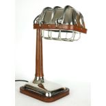 A STYLISH CHROME AND LEATHER DESK LAMP. (h 42cm)