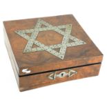 A 19TH CENTURY JEWISH OLIVE WOOD BOX With white metal Star of David. (20cm x 20cm x 6.5cm)
