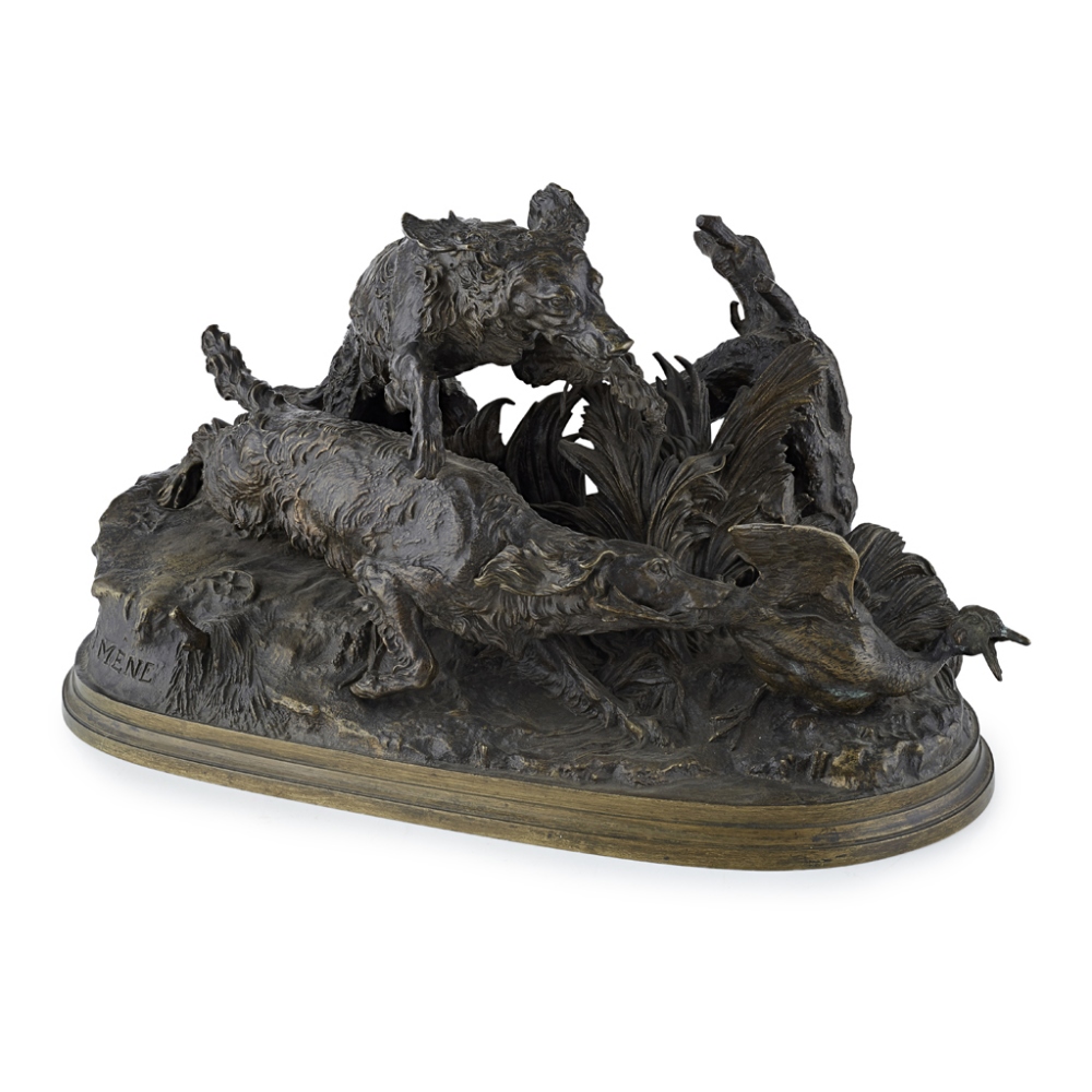 P.J. MÊNE, 1810 - 1879, A LARGE 19TH CENTURY BRONZE GROUP Hunting dogs with duck in naturalistic