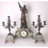 A FRENCH THREE PIECE GILT METAL FIGURAL CLOCK GARNITURE With green marble bases. (57cm)