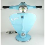 A LARGE NOVELTY DUCK EGG BLUE PAINTED METAL LAMP MODELLED AS THE FRONT SECTION OF A VESPA