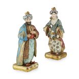 ATTRIBUTED TO JACOB PETIT, A PAIR OF 19TH CENTURY FRENCH PARIS PORCELAIN FIGURAL FLASKS AND STOPPERS