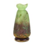 DAUM NANCY A MINIATURE CAMEO GLASS VASE Carved acid etched and enamelled floral decoration on