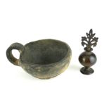 A ROMAN TERRACOTTA CUP Plain spherical form with single handle, together with a small Persian bronze