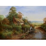 CHRIS D. HOWELLS, 20TH CENTURY OIL ON CANVAS Landscape with children outside thatched cottage,