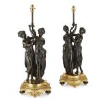 A 19TH CENTURY PAIR OF FRENCH GILT AND PATINATED BRONZE FIGURAL LAMPS Depicted as two maidens with
