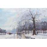 ROY PETLEY, BN 1959, A 20TH CENTURY OIL ON CANVAS Winter landscape, street scene, with red bus and