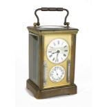 A FRENCH 19TH CENTURY GILT BRASS COMINATION CARRIAGE CLOCK AND BAROMETER Four bevelled glass panels,