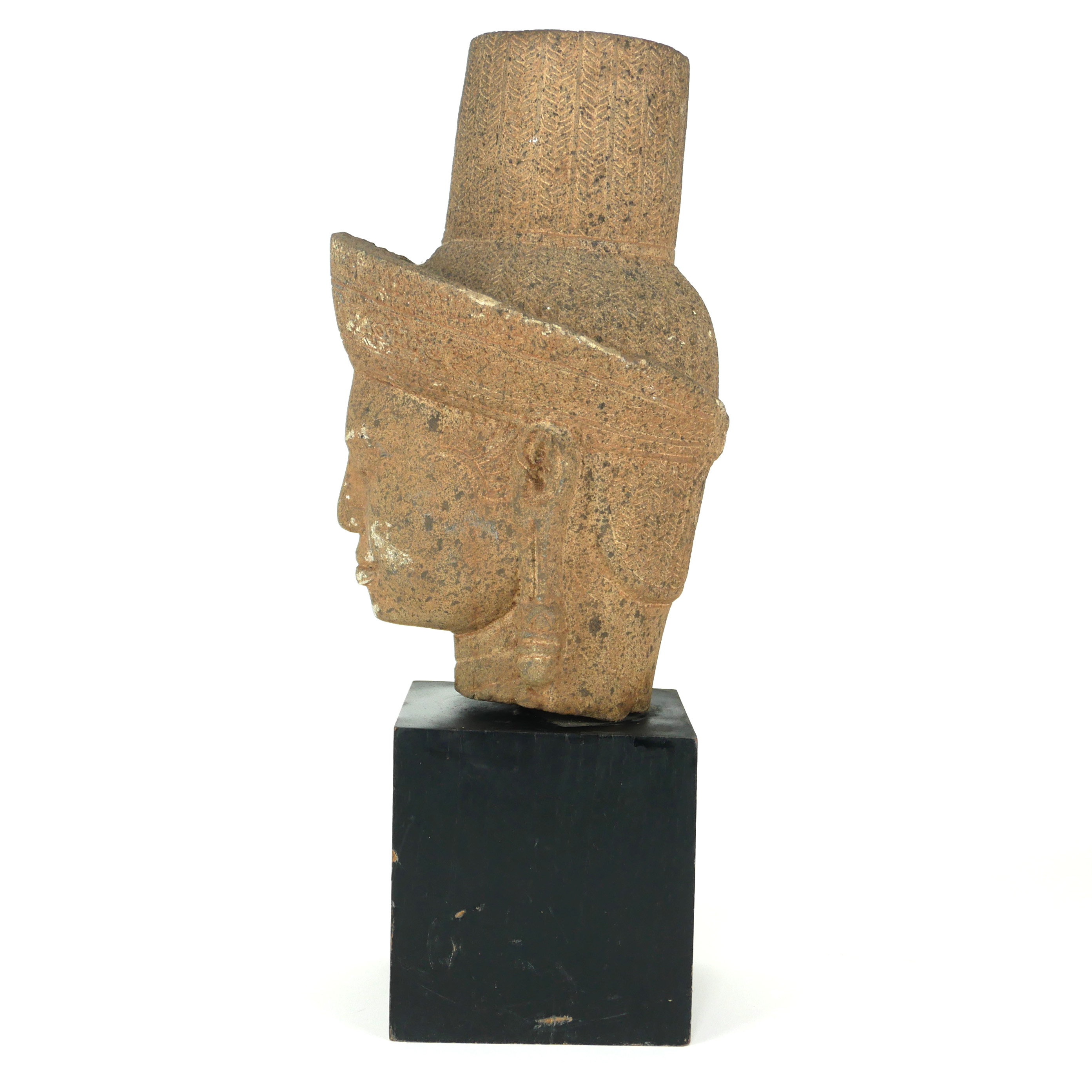 A HAND CARVED STONE HEAD OF A BUDDHA On exhibition stand. (39cm) - Image 3 of 7