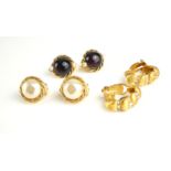 CHANEL, THREE PAIRS OF VINTAGE GILT METAL AND PASTE SET CLIP EARRINGS Faux pearl with rope twist