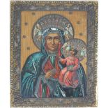 AN EARLY 20TH CENTURY RUSSIAN TIN PLATED ICON Madonna and child, with gilt embossed border,
