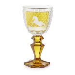 A LATE 19TH CENTURY BOHEMIAN CRYSTAL CUT GLASS WINE GOBLET Engraved to one side with country horse