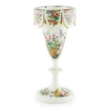 A 19TH/20TH CENTURY OPALINE GLASS GOBLET With over scroll rim, hand painted with flowers. (30cm)
