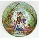 A 19TH CENTURY CONTINENTAL PORCELAIN SHALLOW DISH Hand painted with fruit pickers. (approx 17cm)