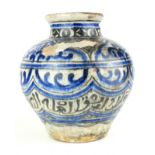 A 14TH/15TH CENTURY SYRIAN BLUE AND WHITE MAMLUK DECORATED BALUSTER POTTERY VASE Decorated with