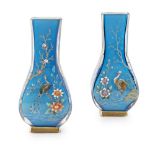 ATTRIBUTED TO BACCARAT, A LATE 19TH CENTURY PAIR OF FRENCH ENAMELLED BLUE CASED GLASS VASES Of