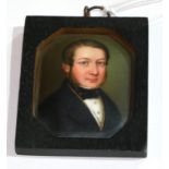 A FINE 19TH CENTURY HEXAGONAL ENAMELLED PORTRAIT OF A GENTLEMAN Wearing a black tie and coat. (7cm)