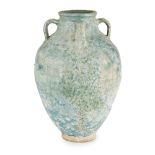 A LARGE 12TH/13TH CENTURY KASHAN TURQUOISE GLAZE AMPHORA OVOID VASE With four handles and unglazed