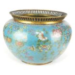 A LARGE 19TH CENTURY CHINESE CLOISONNÉ JARDINIÈRE The pierced flared rim above a turquoise body