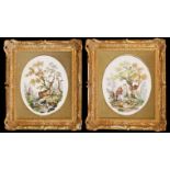 A PAIR OF 19TH CENTURY AUSTRIAN/GERMAN OVALPAINTED PORCELAIN PLAQUES Hunting scenes, green velvet