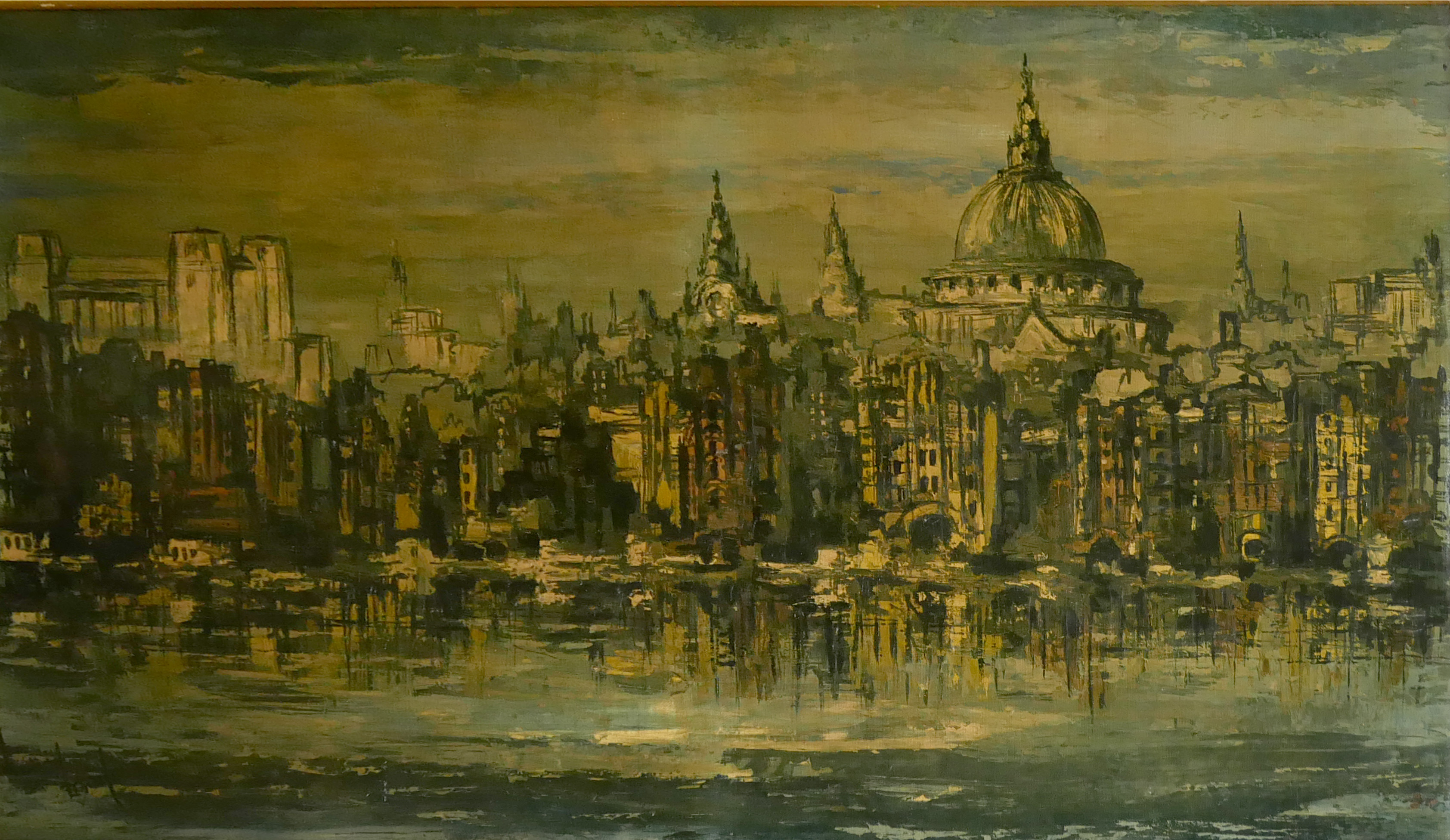 BRIAN MAILE, 20TH CENTURY OLEOGRAPH ON CANVAS London landscape, St. Pauls in background, gilt