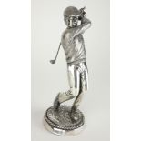 A 20TH CENTURY SILVER FIGURE OF A GOLFER In full swing pose, marked 'Sheldon' to base, hallmarked