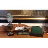 A BYEGONE SET OF SHOPS WEIGHING SCALES Along with an Edwardian oil lamp and a Remy Martin Cognac