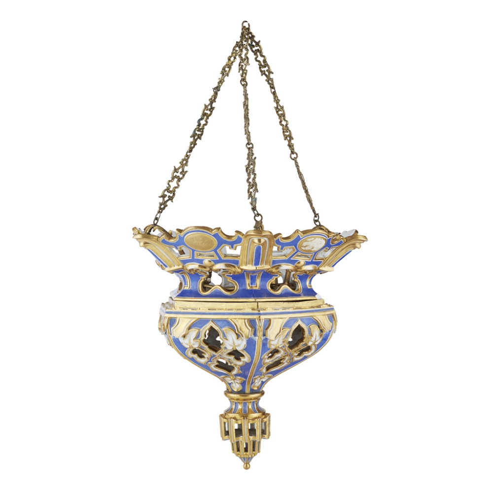 A 19TH CENTURY CONTINENTAL PORCELAIN CHANDELIER In the form of a Turkish lantern, with pierced - Image 2 of 2
