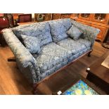 BRIGHTS OF NETTLEBED, A PAIR OF 19TH CENTURY DESIGN LARGE TWO SEATER SCROLL END SOFAS Blue floral