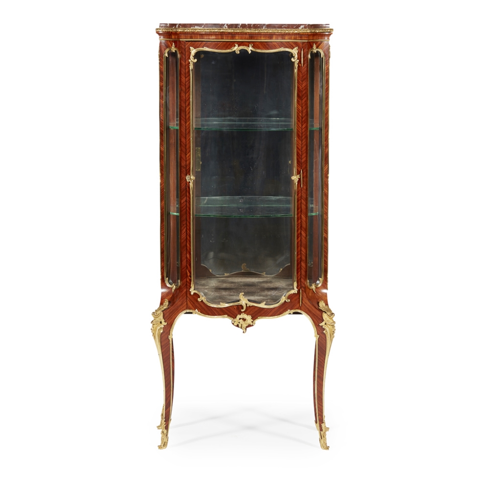 A LATE 19TH CENTURY LOUIS XVI STYLE GILT BRONZE MOUNTED AND MARBLE TOPPED KINGWOOD DISPLAY