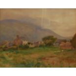 AN EARLY 20TH CENTURY WATERCOLOUR, LANDSCAPE Welsh Hills with country cottage, indistinctly signed