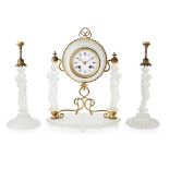ATTRIBUTED TO BACCARAT, A LATE 19TH CENTURY CONTINENTAL FROSTED GLASS BACCHANALIAN THREE PIECE CLOCK