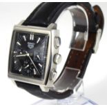 TAG HEUER, MONACO, A STAINLESS STEEL GENT'S CHRONOGRAPH WRISTWATCH Square black Dial with three