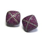 A PAIR OF 18CT WHITE GOLD, DIAMOND AND PINK SAPPHIRE EARRING Pavé set stones forming a cross of