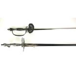 TWO CONTINENTAL DRESS HANGERS With decorative white metal hilts and trefoil blades. (97cm)