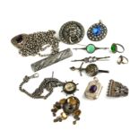 A COLLECTION OF VICTORIAN AND LATER SILVER AND WHITE METAL JEWELLERY To include an Albert watch