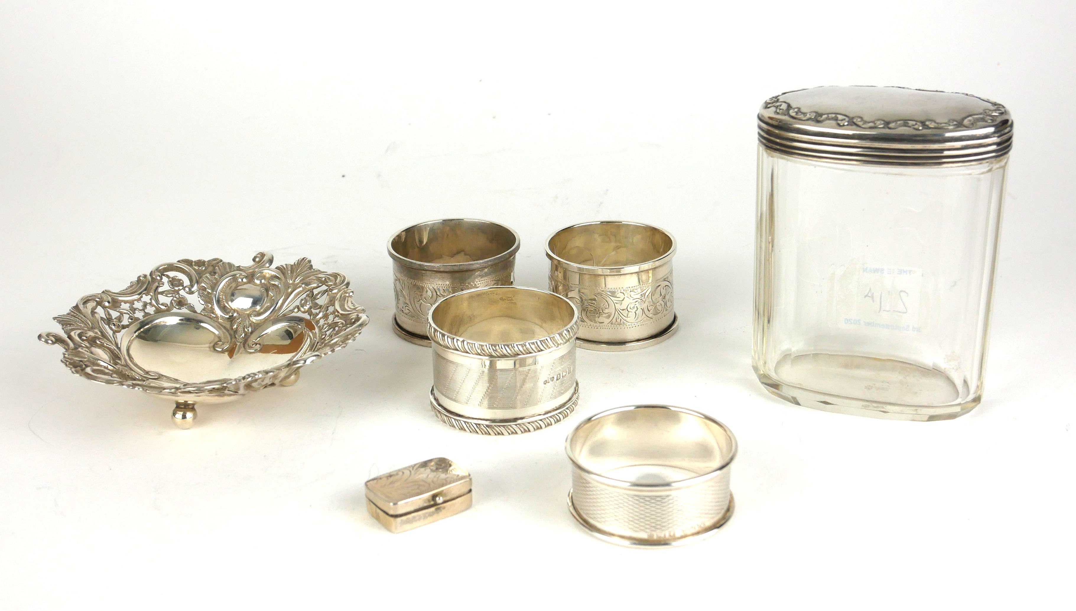 A COLLECTION OF VICTORIAN SILVER TRINKETS Comprising a bonbon dish, hallmarked London, 1896, four